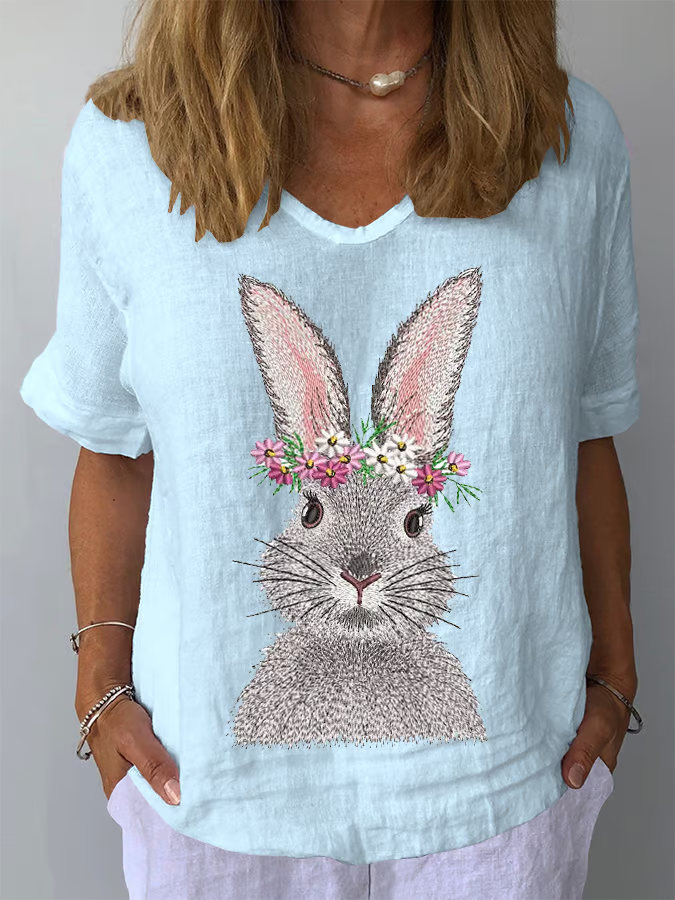 Blouses Décontracté Été PÂQUES (lapin) Coton Quotidien Manches Courtes Col Rond Régulier Droit pour Femmes