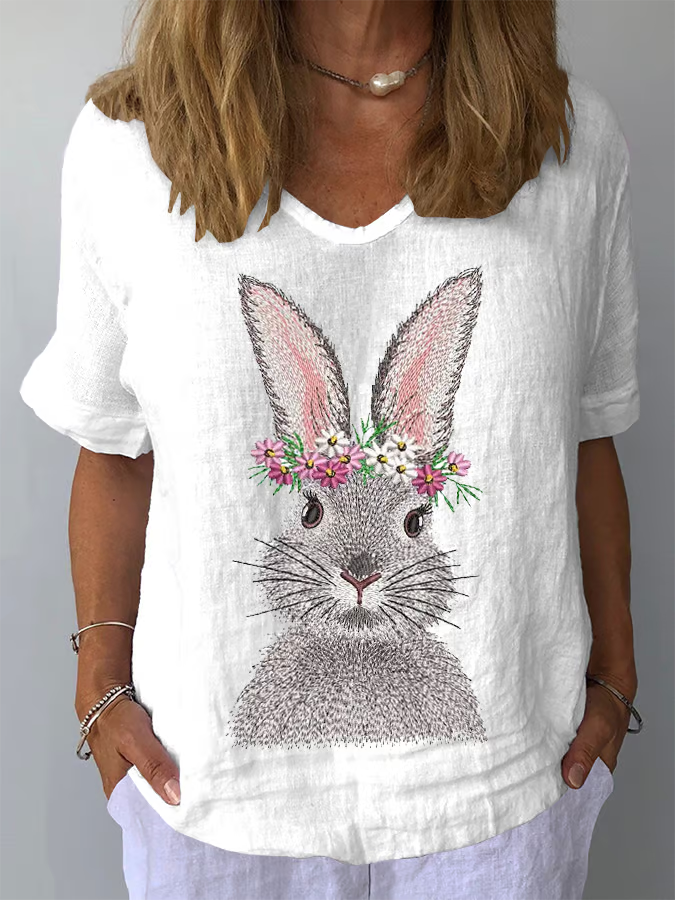 Blouses Décontracté Été PÂQUES (lapin) Coton Quotidien Manches Courtes Col Rond Régulier Droit pour Femmes