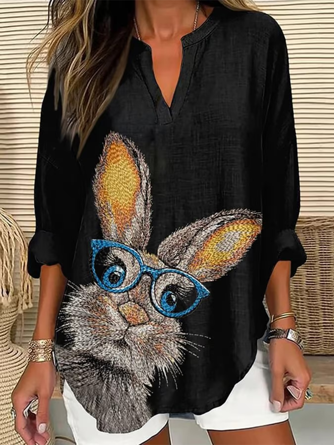 Blouses Femmes Décontracté Printemps / Automne PÂQUES (lapin) Col V Quotidien Ample Manches Longues en Mélangé de Coton Régulier