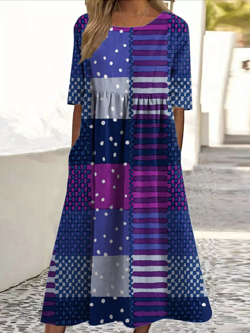 Femmes Géométrique Bleu violet Col Rond Confortable Robe Maxi Décontracté