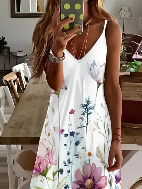 Femmes Floral Blanc Col V Confortable Imprimé Robe Maxi Décontracté