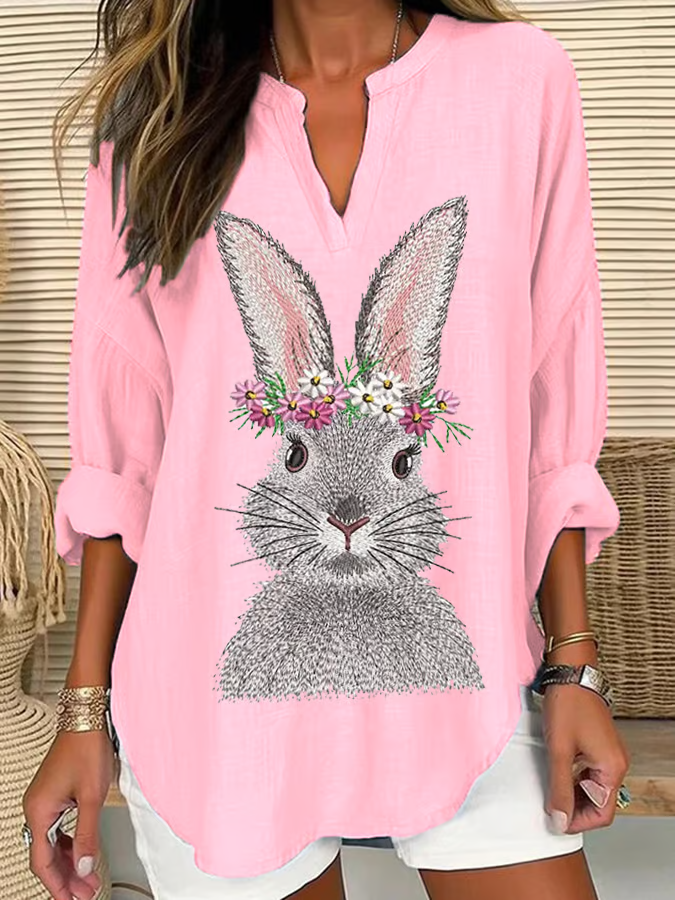 Blouses Femmes Décontracté Printemps / Automne PÂQUES (lapin) Col V Aucune élasticité Quotidien Ample en Mélangé de Coton Régulier