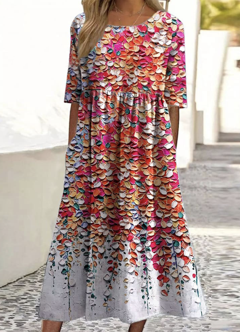 Femmes Floral Rouge Col Rond Confortable Robe Maxi Décontracté