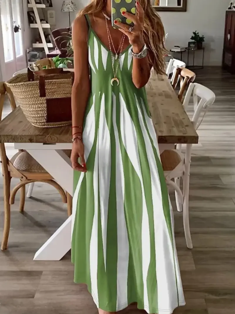 Femmes Abstrait Rayé Vert Col V Confortable Imprimé Robe Maxi Décontracté