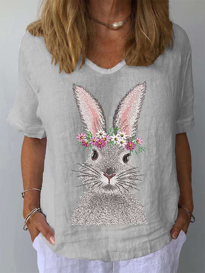 Blouses Décontracté Été PÂQUES (lapin) Coton Quotidien Manches Courtes Col Rond Régulier Droit pour Femmes