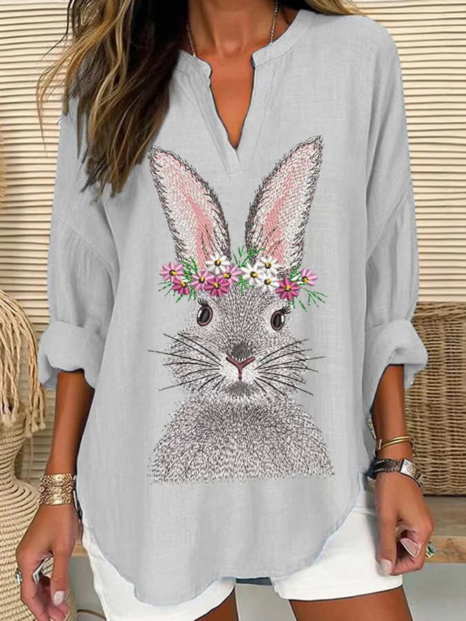 Blouses Femmes Décontracté Printemps / Automne PÂQUES (lapin) Col V Aucune élasticité Quotidien Ample en Mélangé de Coton Régulier