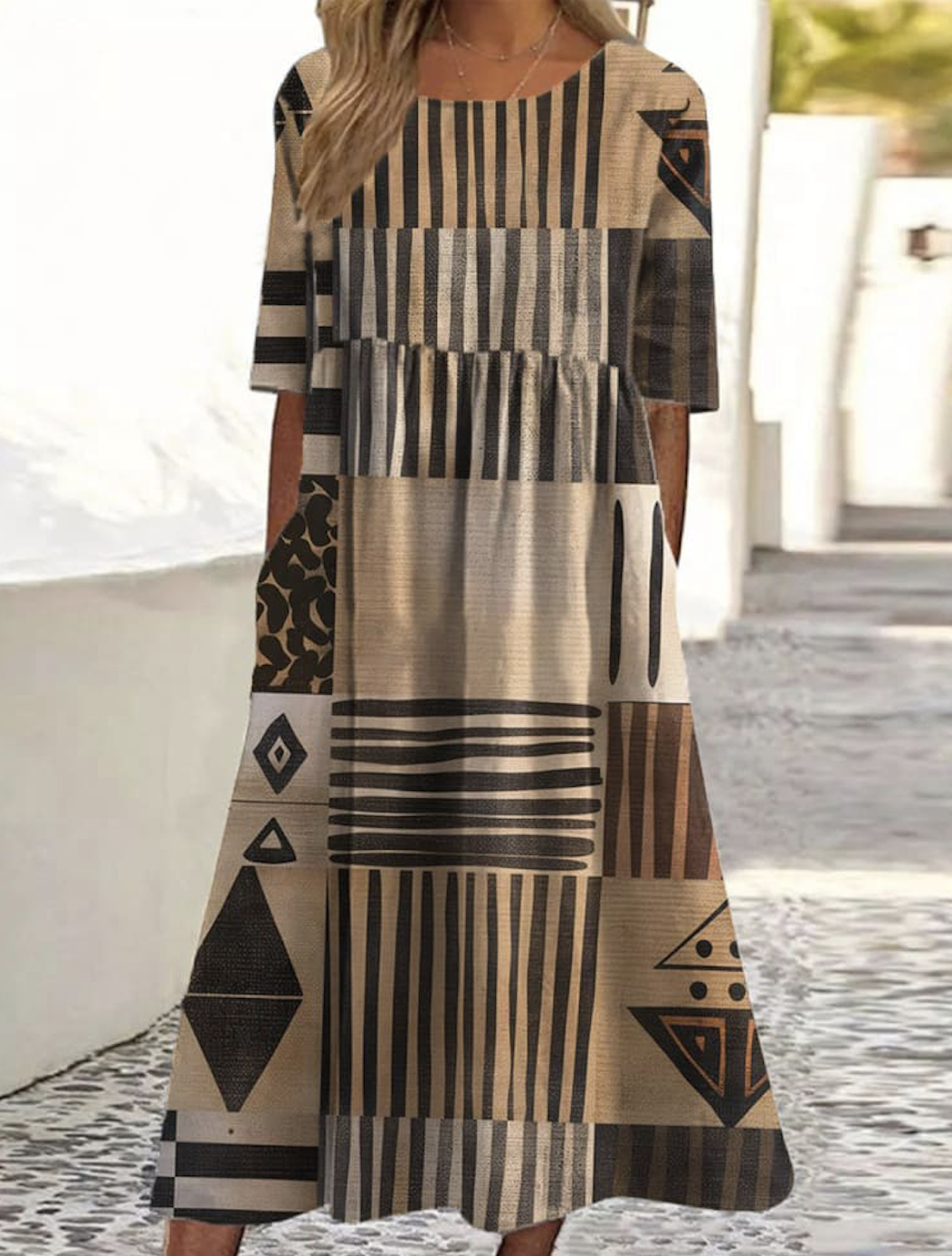 Femmes Géométrique Brun Col Rond Confortable Robe Maxi Décontracté