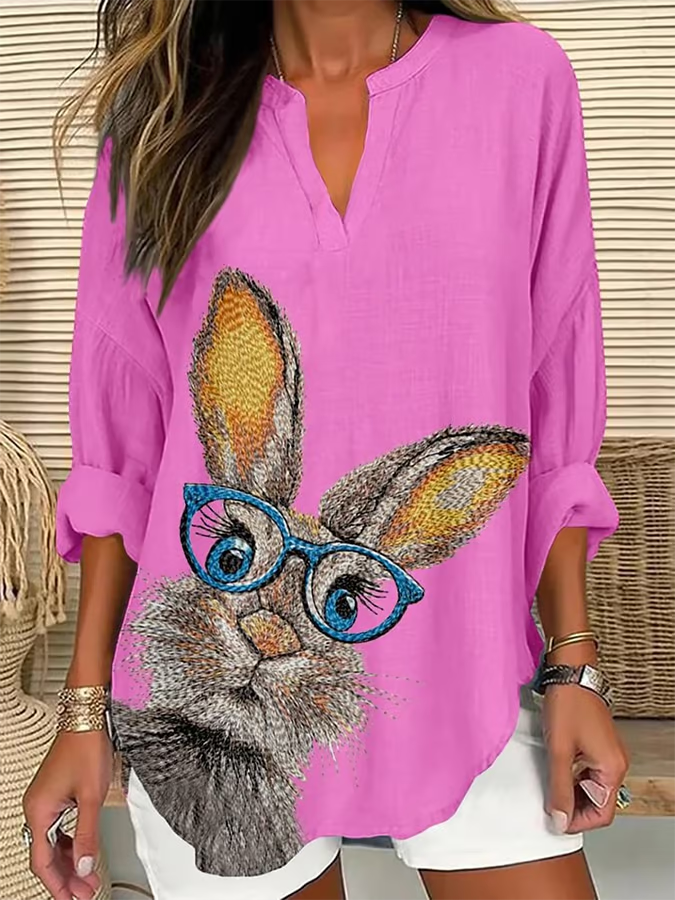 Blouses Femmes Décontracté Printemps / Automne PÂQUES (lapin) Col V Quotidien Ample Manches Longues en Mélangé de Coton Régulier
