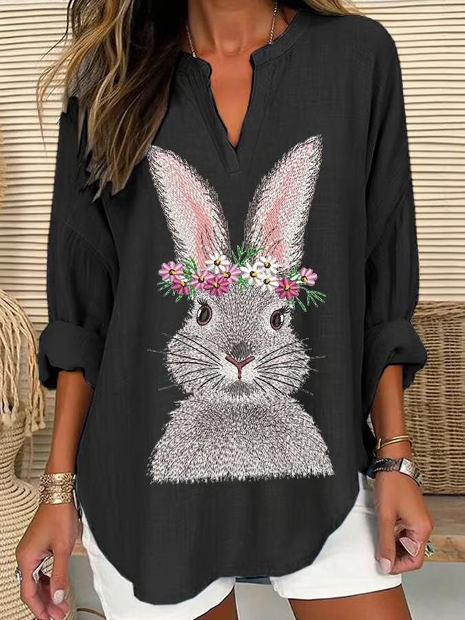 Blouses Femmes Décontracté Printemps / Automne PÂQUES (lapin) Col V Aucune élasticité Quotidien Ample en Mélangé de Coton Régulier