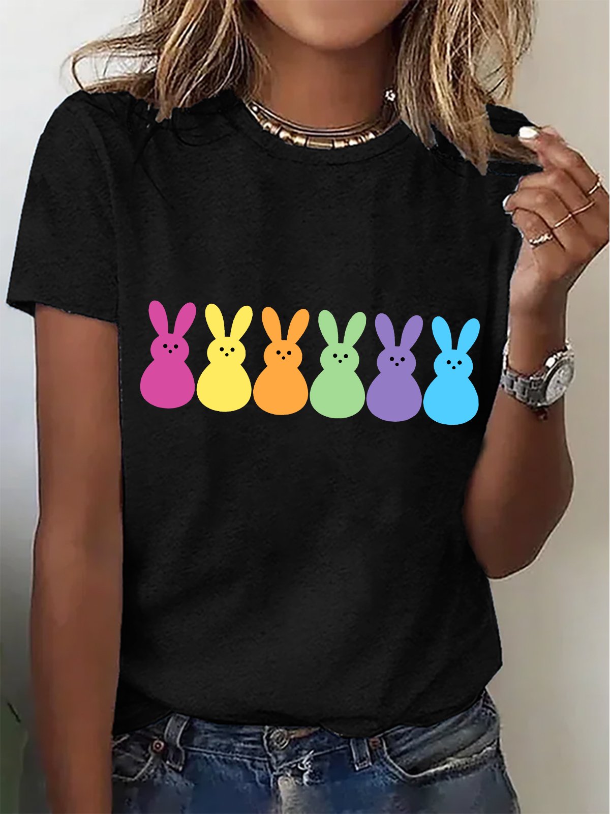 T-shirts Décontracté Été PÂQUES (lapin) Coton Micro-élasticité Vacances Régulier Droit Régulier pour Femmes