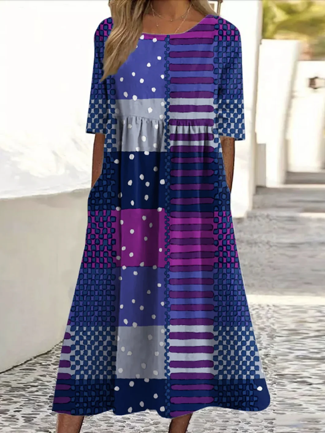 Femmes Géométrique Bleu violet Col Rond Confortable Robe Maxi Décontracté