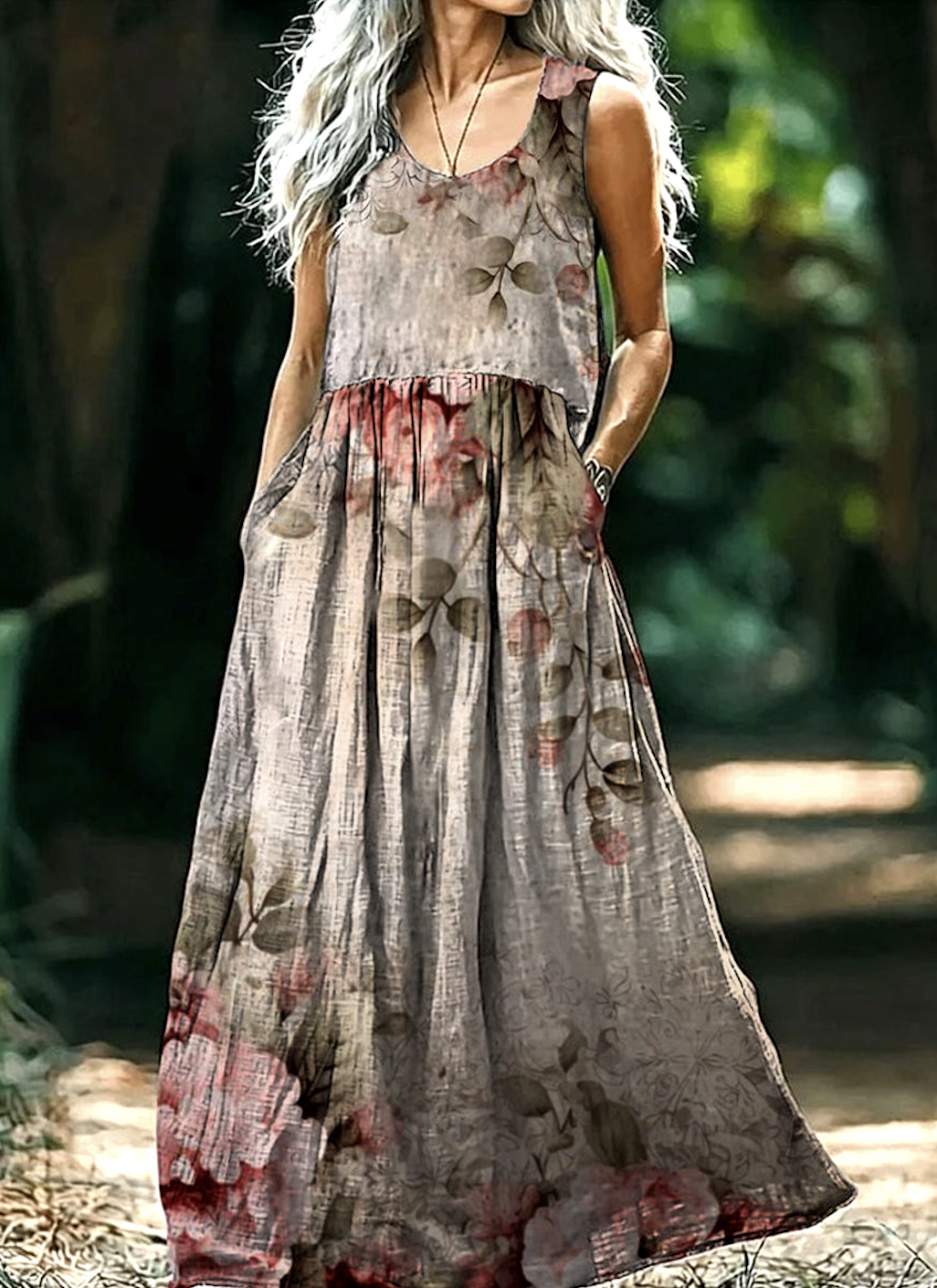 Femmes Floral Brun Clair Col V Confortable Robe Maxi Décontracté