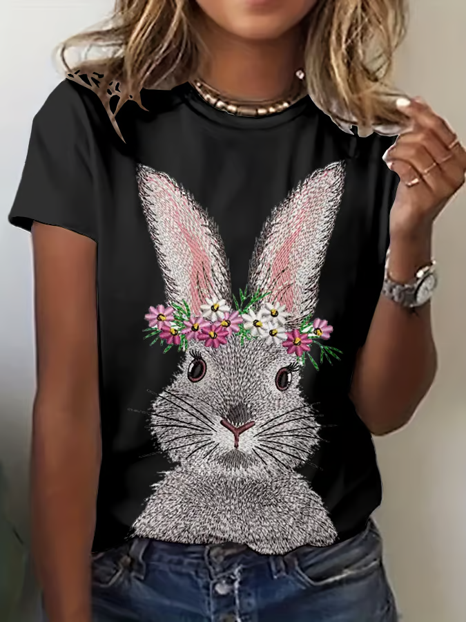 T-shirts Décontracté Été PÂQUES (lapin) Micro-élasticité Jersey Manches Courtes Col Rond Droit Régulier pour Femmes