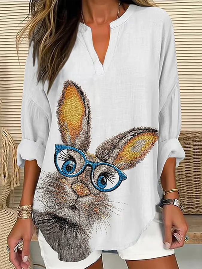 Blouses Femmes Décontracté Printemps / Automne PÂQUES (lapin) Col V Quotidien Ample Manches Longues en Mélangé de Coton Régulier