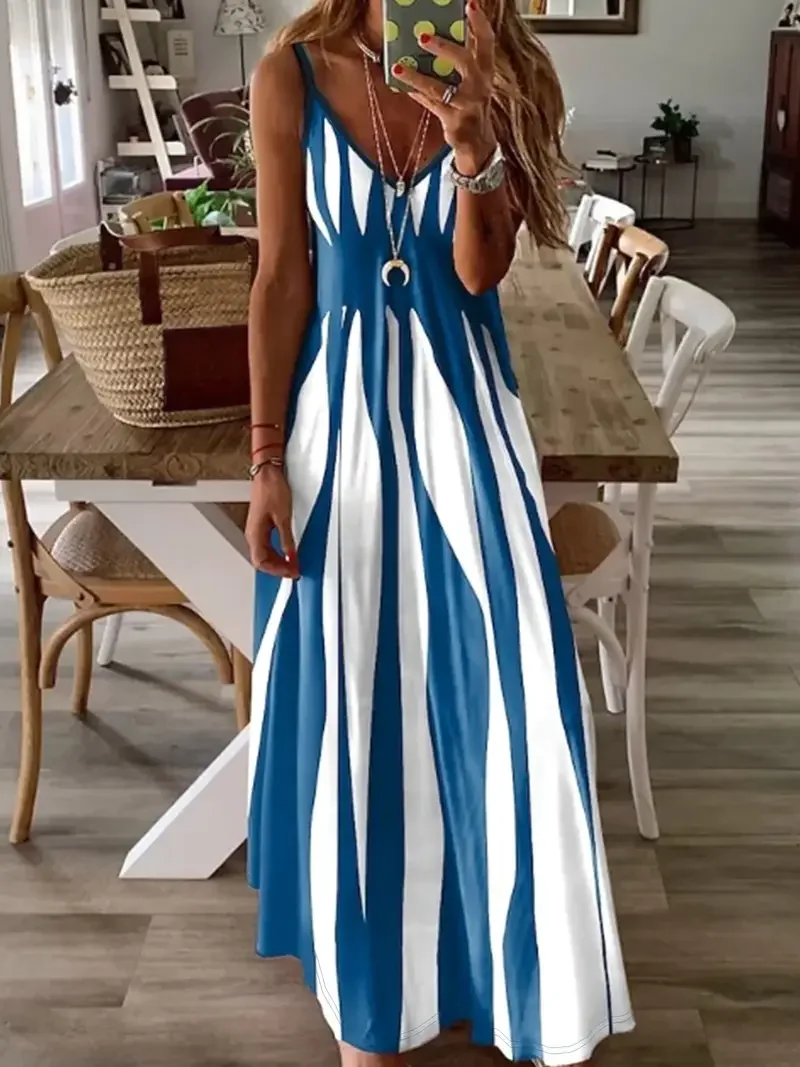 Femmes Abstrait Rayé Vert Col V Confortable Imprimé Robe Maxi Décontracté