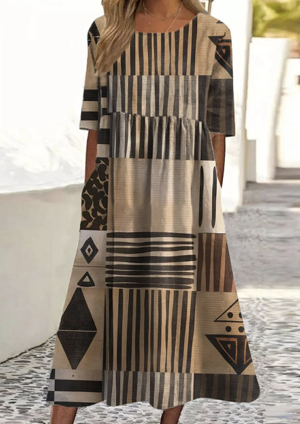 Femmes Géométrique Brun Col Rond Confortable Robe Maxi Décontracté