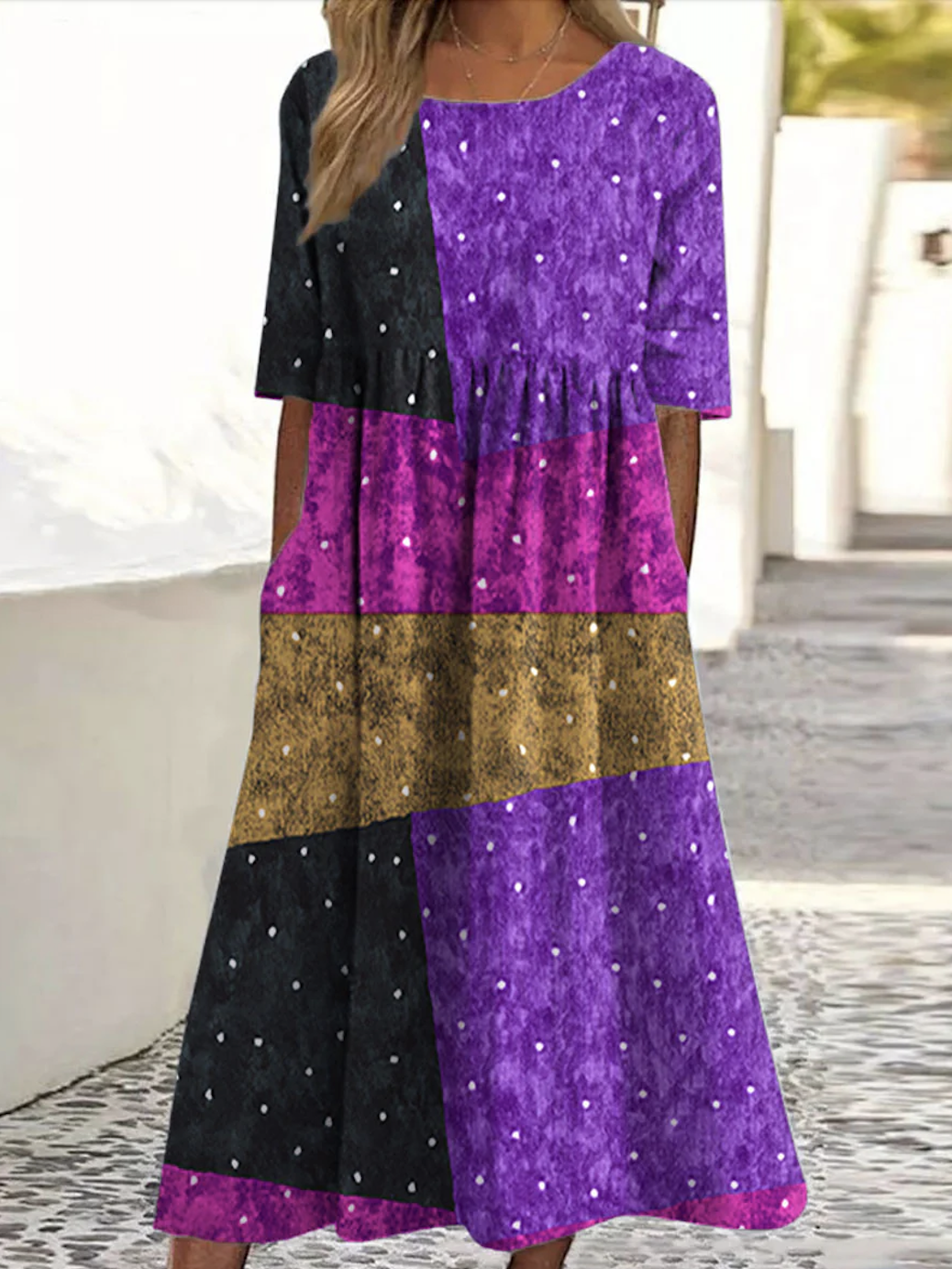 Femmes Géométrique Violet Col Rond Confortable Robe Maxi Décontracté