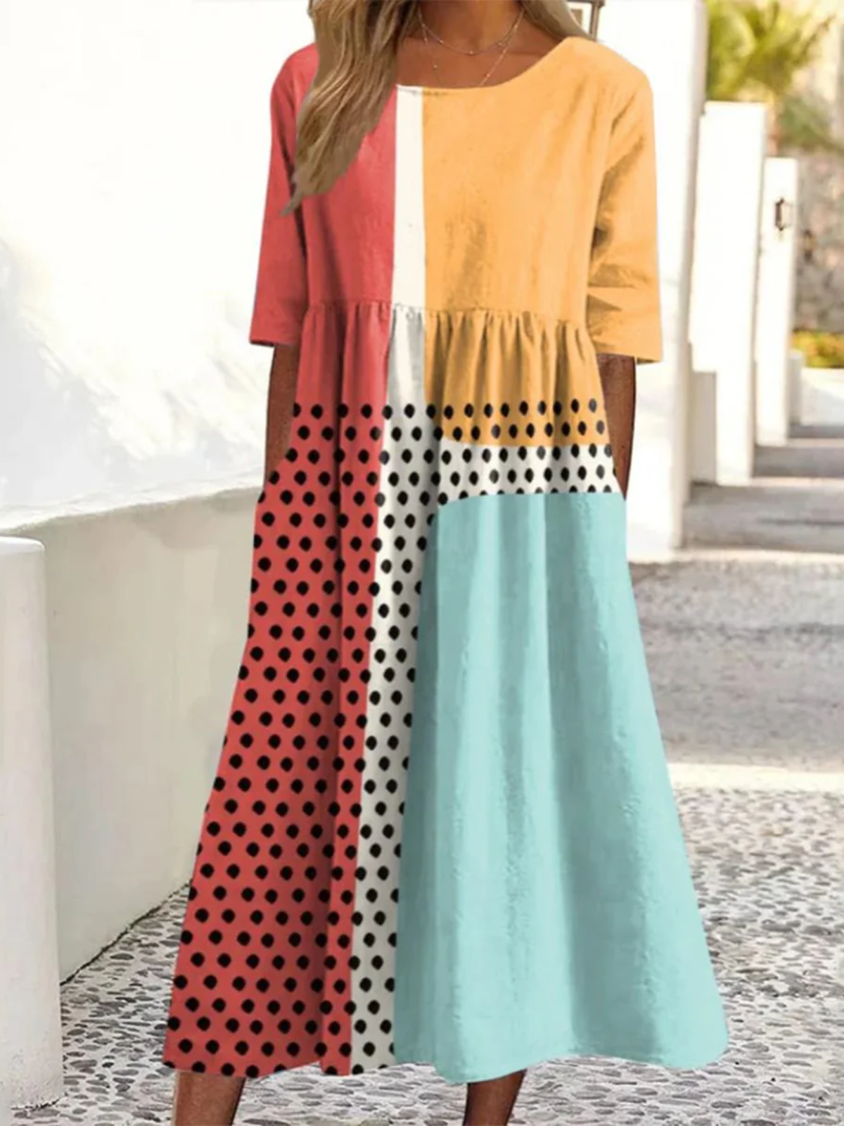Femmes Bloc de Couleur Comme Image Col Rond Confortable Robe Maxi Décontracté