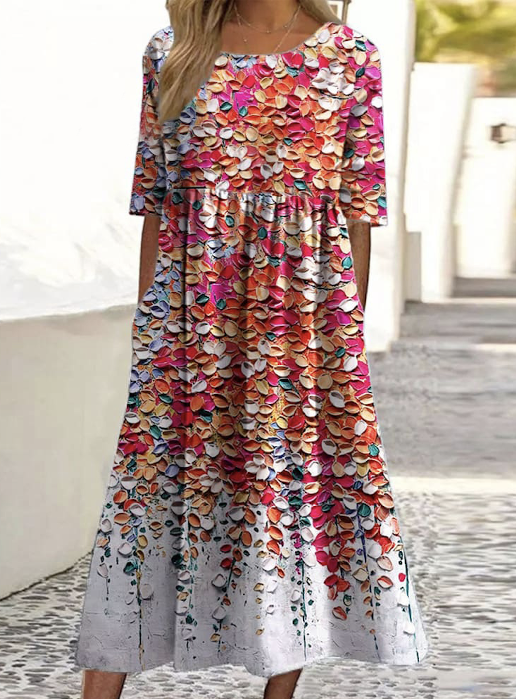 Femmes Floral Rouge Col Rond Confortable Robe Maxi Décontracté