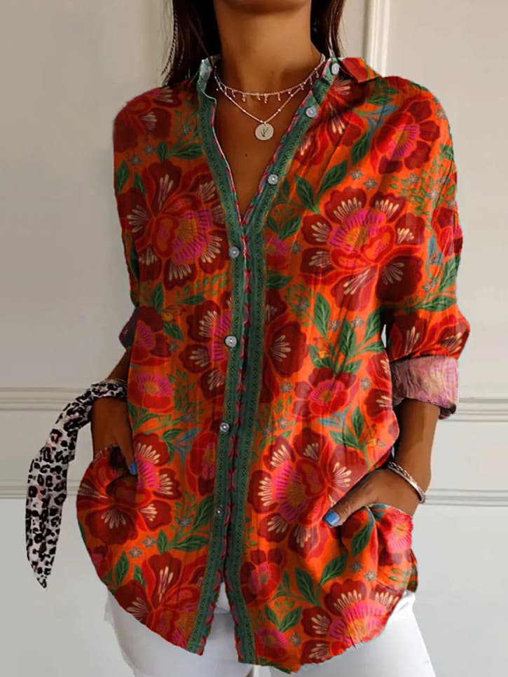 Chemises Décontracté Floral Printemps / Automne Coton Micro-élasticité Quotidien Manches Longues Régulier Col de Chemise pour Femmes