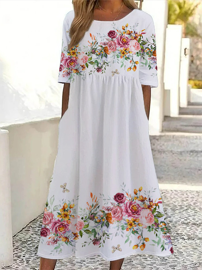 Femmes Floral Blanc Col Rond Confortable Imprimé Robe Maxi Décontracté