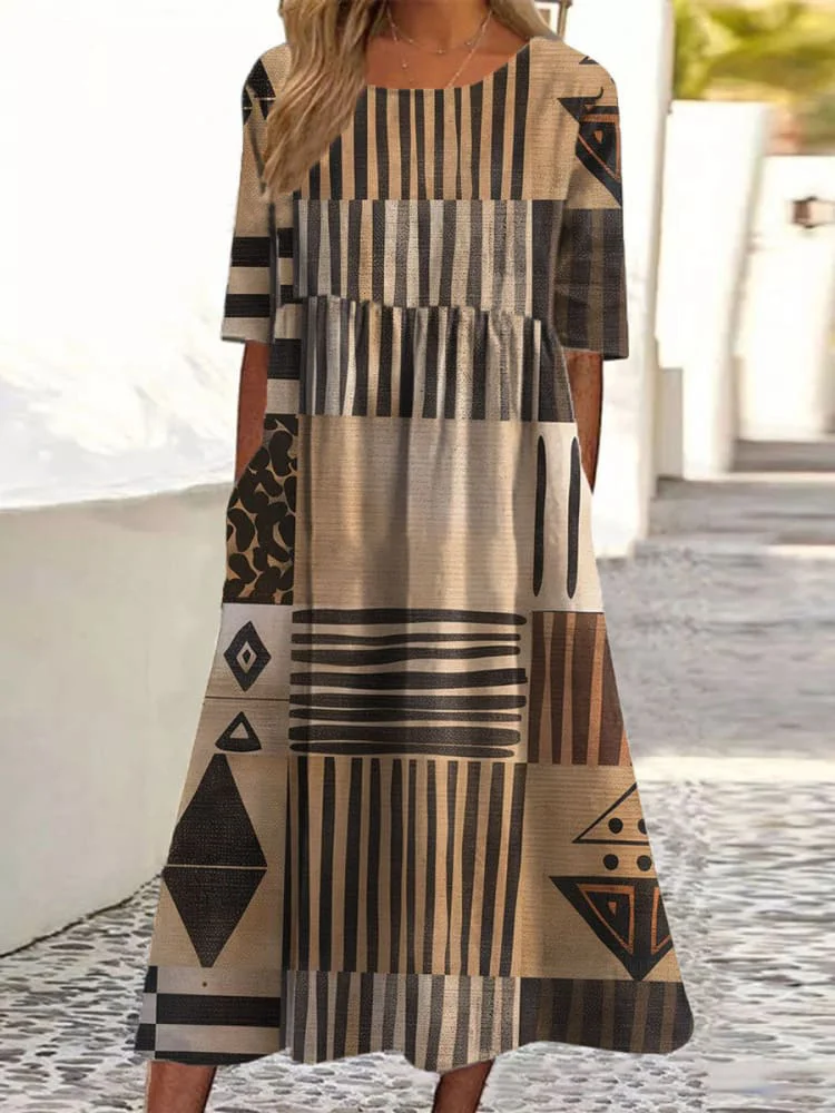 Femmes Géométrique Brun Col Rond Confortable Robe Maxi Décontracté