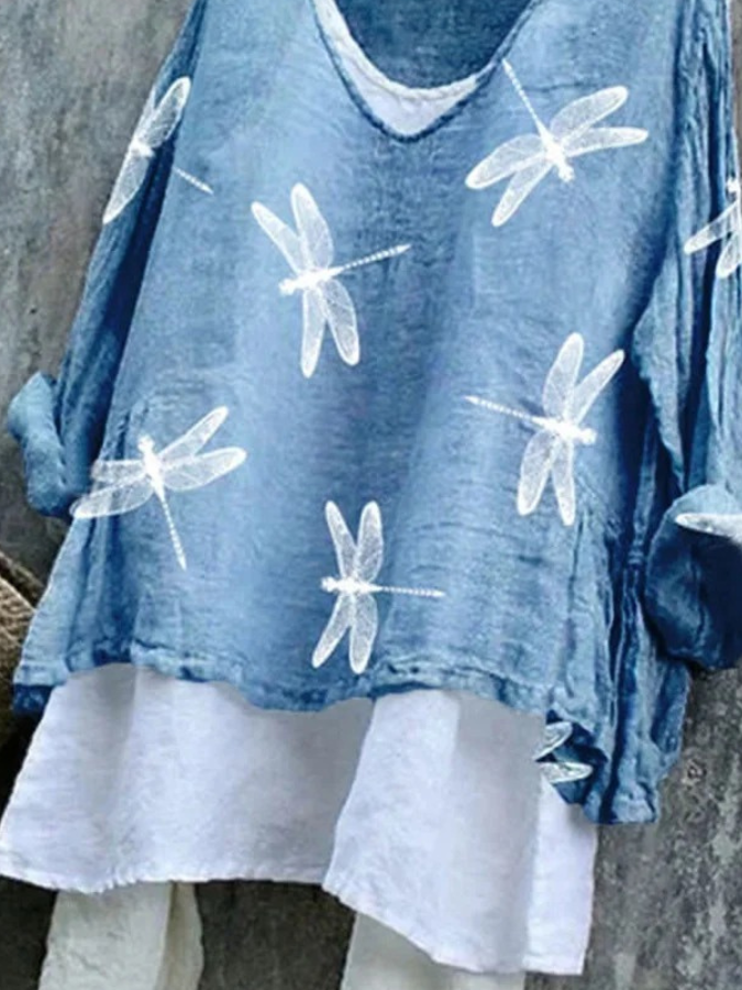 T-shirts Femmes en Lin Imprimé d'Animal Printemps / Automne Coton Col V Quotidien Manches Longues Trapèze Régulier