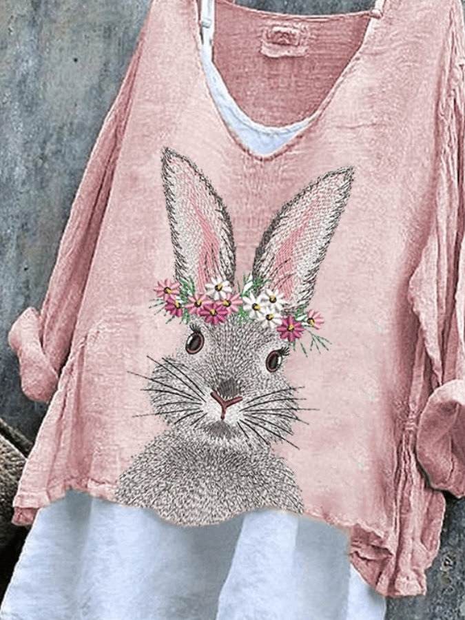 T-shirts Femmes Rétro Printemps / Automne PÂQUES (lapin) Col V Micro-élasticité Quotidien Ample Manches Longues Trapèze