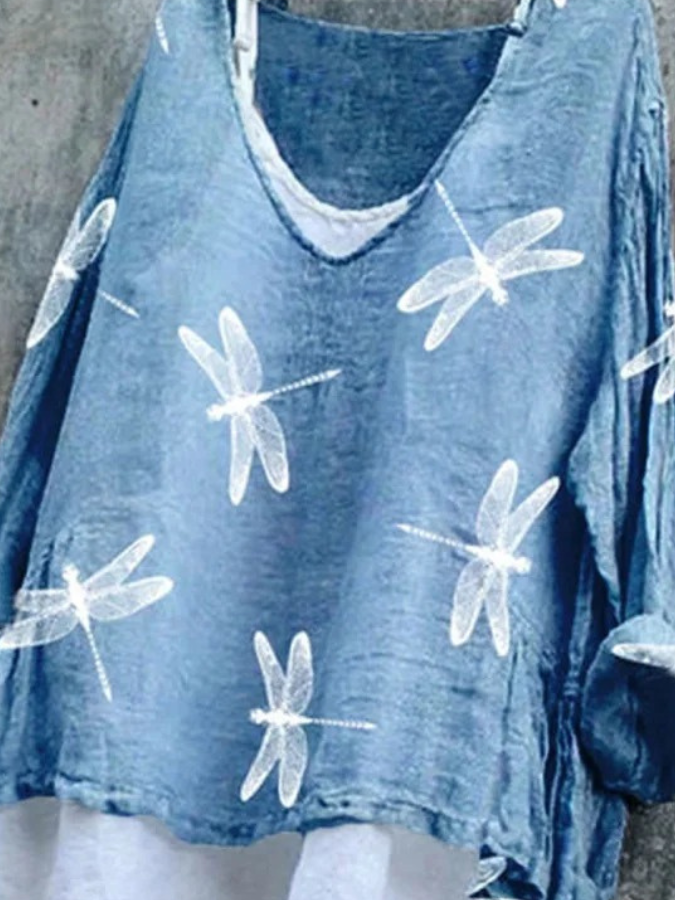 T-shirts Femmes en Lin Imprimé d'Animal Printemps / Automne Coton Col V Quotidien Manches Longues Trapèze Régulier