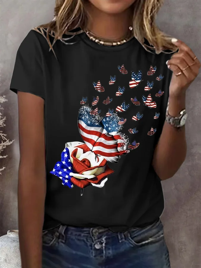 T-shirts Décontracté Été Le jour de l'indépendance (Drapeau) Micro-élasticité Quotidien Jersey Régulier Droit Régulier pour Femmes