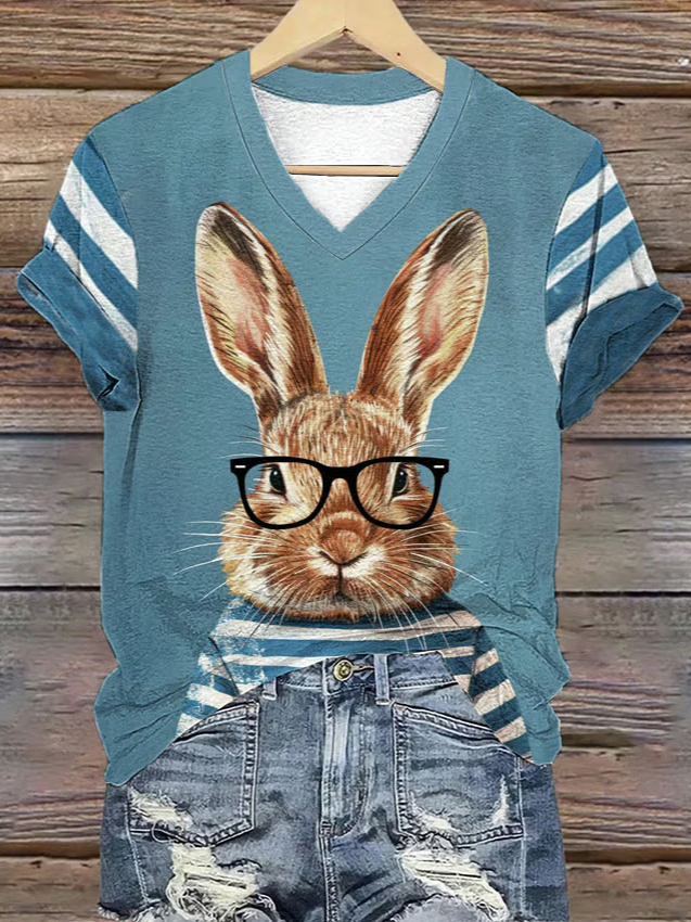 T-shirts Femmes Décontracté Été PÂQUES (lapin) Col V Micro-élasticité Manches Courtes en Mélangé de Coton Trapèze Régulier