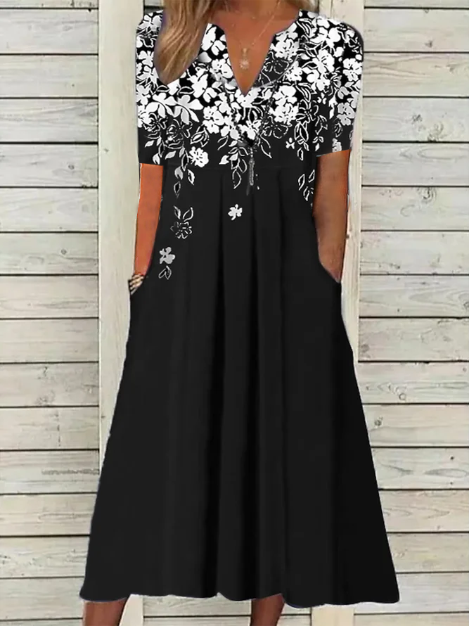 Femmes Floral Noir Col V Confortable Imprimé Robe Maxi Décontracté