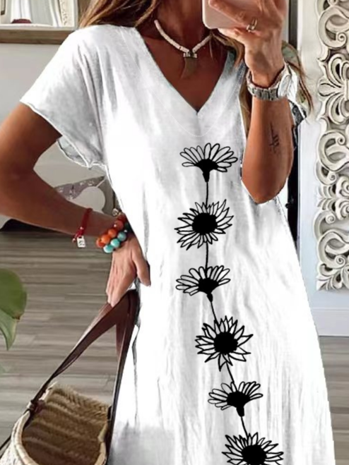 Femmes Floral Blanc Col V Confortable Imprimé Robe Maxi Décontracté