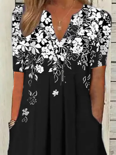 Femmes Floral Noir Col V Confortable Imprimé Robe Maxi Décontracté