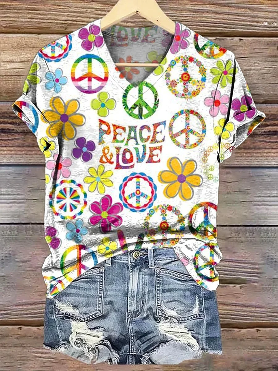 T-shirts Géométrique Décontracté Été Coton Col V Coupe Régulière Manches Courtes Régulier Régulier pour Femmes