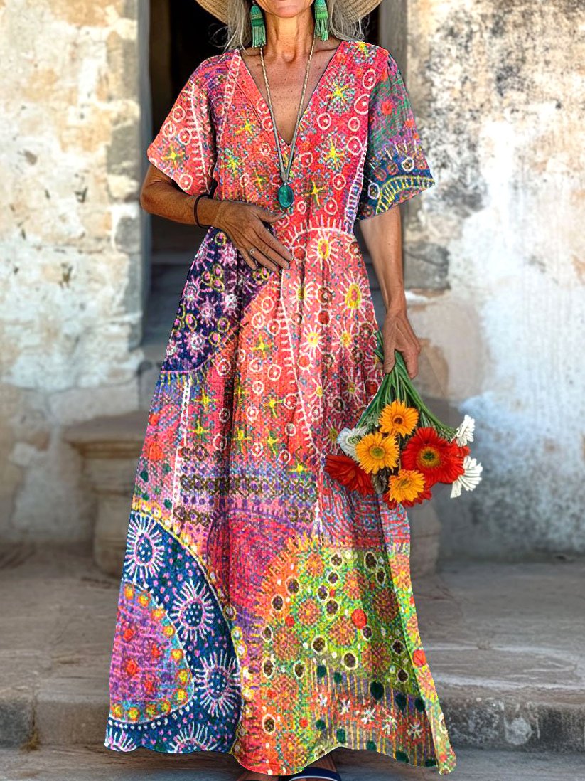 Femmes Floral Rouge Col V Confortable Robe Maxi Décontracté
