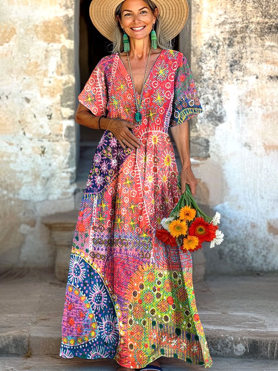 Femmes Floral Rouge Col V Confortable Robe Maxi Décontracté