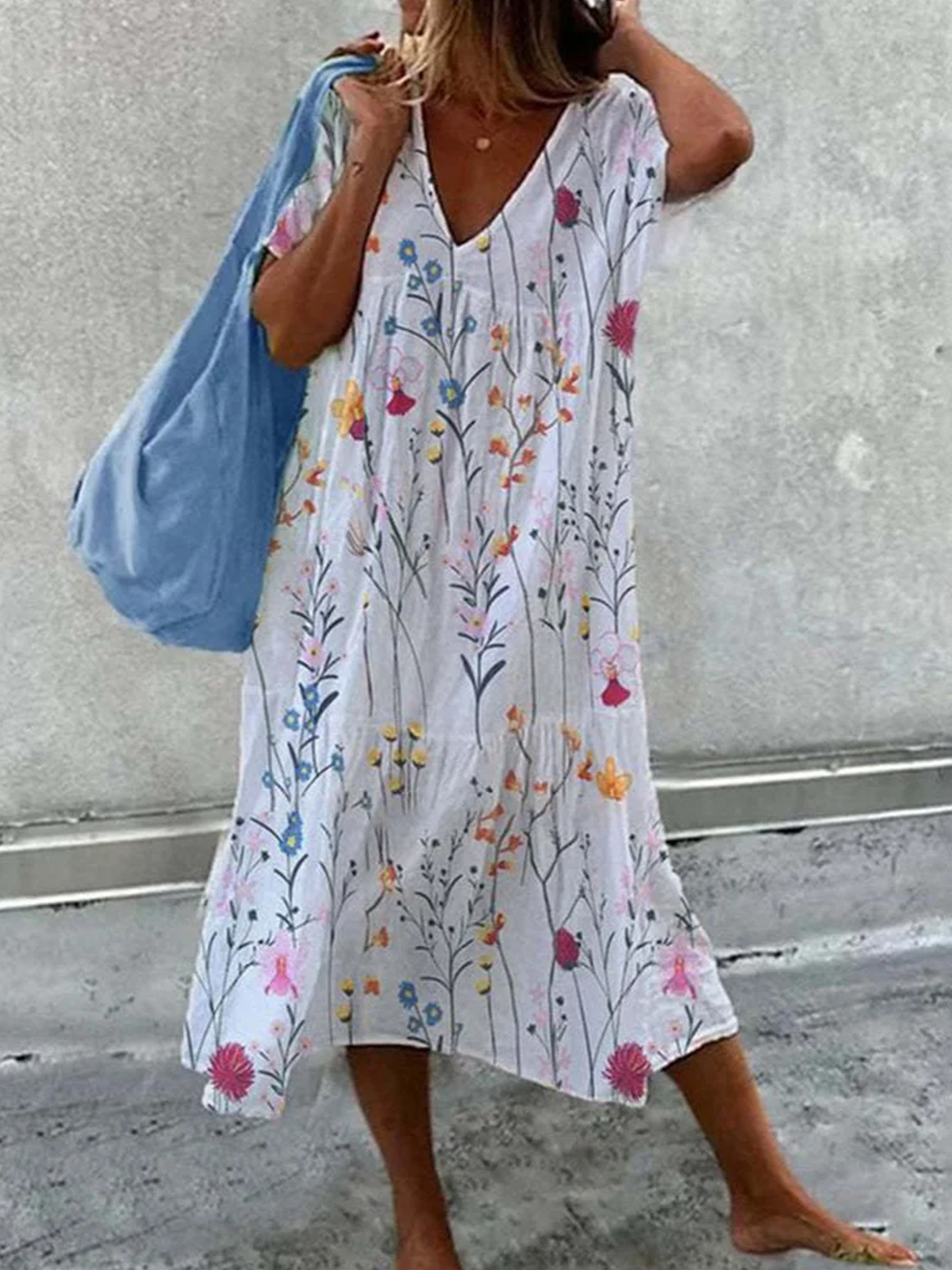 Femmes Floral Comme Image Col V Confortable Robe Maxi Décontracté