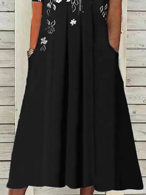 Femmes Floral Noir Col V Confortable Imprimé Robe Maxi Décontracté