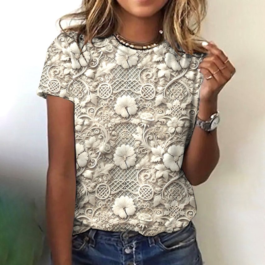 T-shirts Décontracté Floral Été Micro-élasticité Quotidien Col Rond Régulier Trapèze Régulier pour Femmes