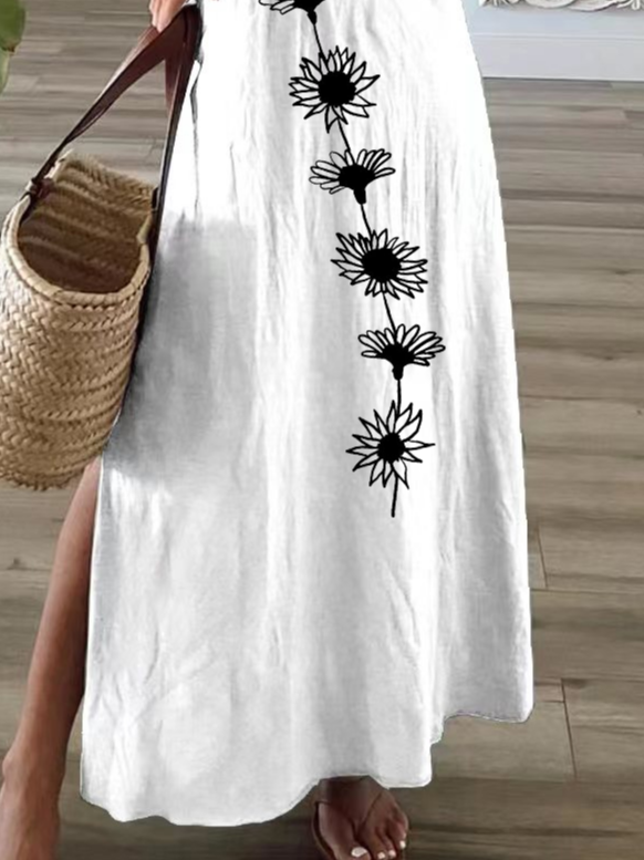 Femmes Floral Blanc Col V Confortable Imprimé Robe Maxi Décontracté