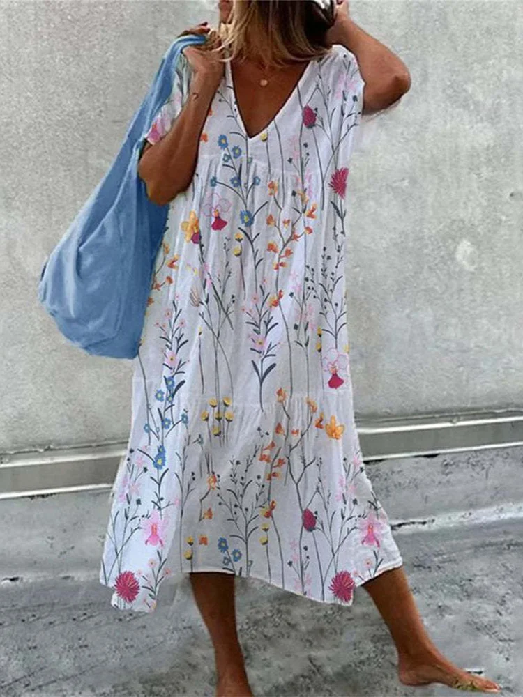 Femmes Floral Comme Image Col V Confortable Robe Maxi Décontracté