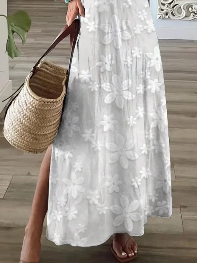 Femmes Floral Blanc Col V Confortable Imprimé Robe Maxi Décontracté