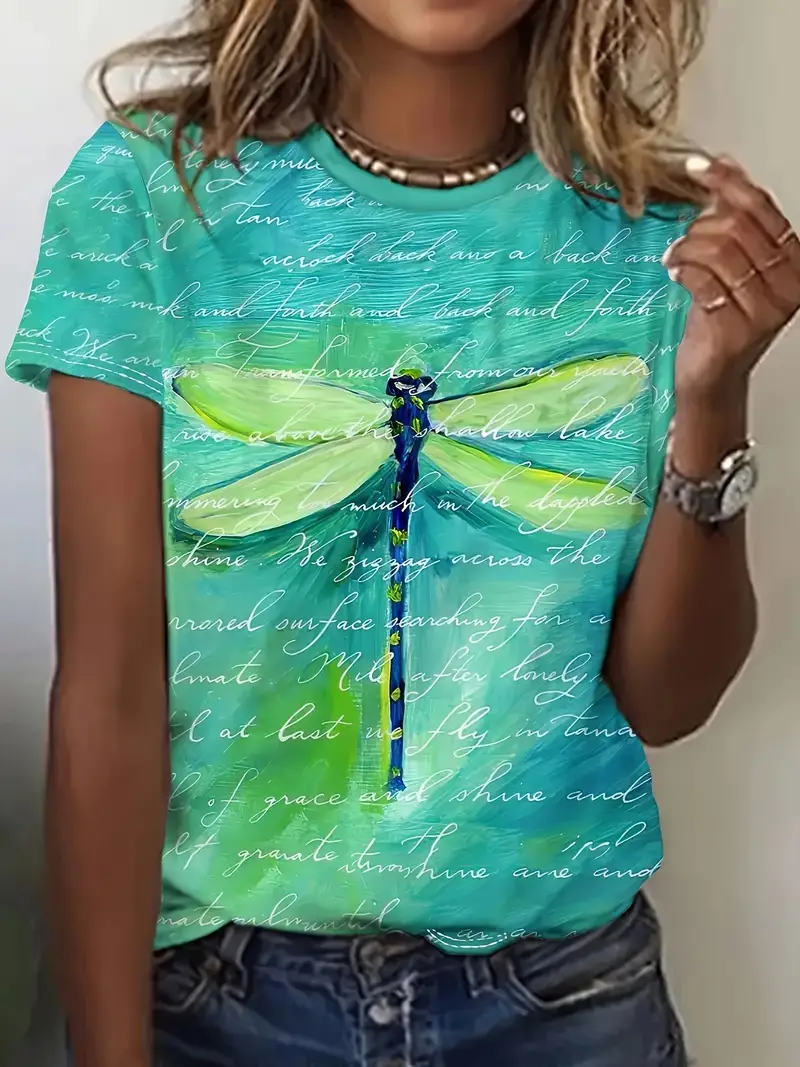 T-shirts Femmes Décontracté Été Libellule Imprimé Ample Jersey Col Rond Droit Régulier