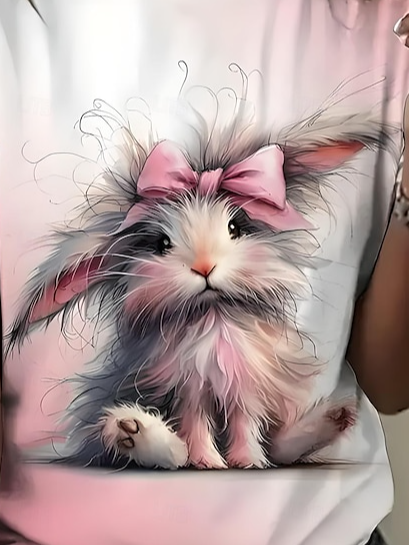 T-shirts Femmes Décontracté Été PÂQUES (lapin) Micro-élasticité Vacances Ample Jersey Manches Courtes Droit