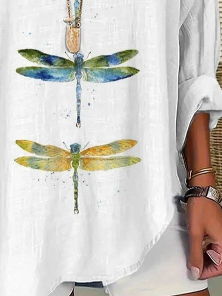 Blouses Décontracté Printemps / Automne Libellule Col V Aucune élasticité Quotidien Ample Manches Longues en Mélangé de Coton pour Femmes
