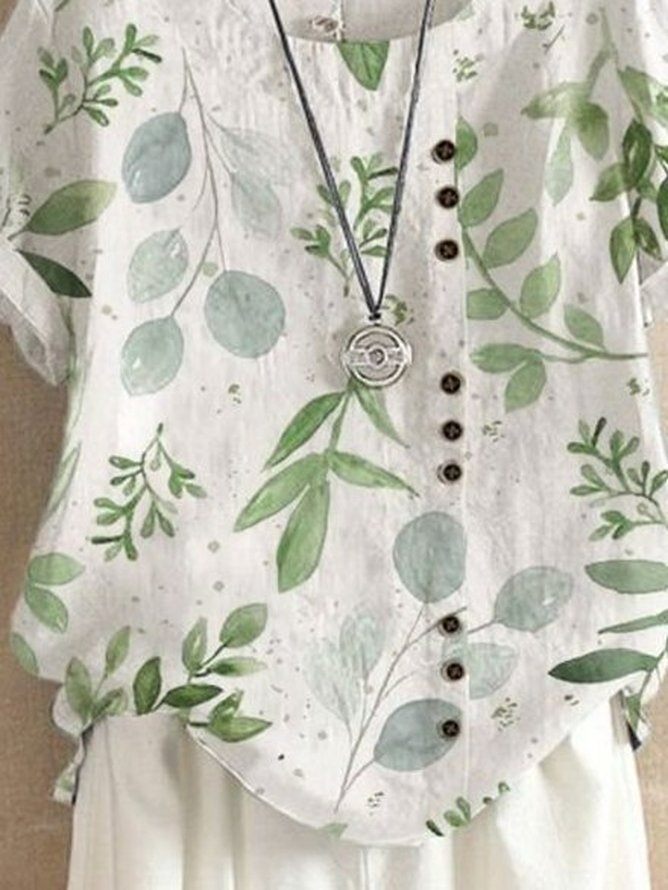 Blouses Femmes Simple Floral Été Coton Aucune élasticité Domestique Coupe Régulière Col Rond Régulier