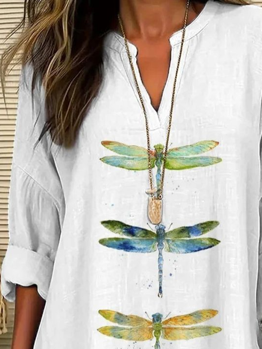 Blouses Décontracté Printemps / Automne Libellule Col V Aucune élasticité Quotidien Ample Manches Longues en Mélangé de Coton pour Femmes