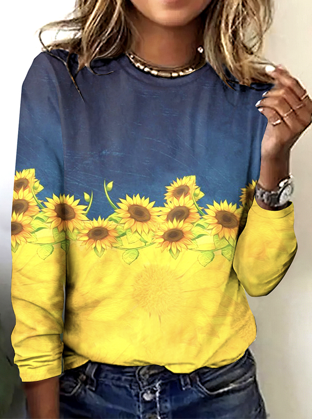 T-shirts Décontracté Floral Printemps / Automne Micro-élasticité Quotidien Coupe Régulière Manches Longues Régulier Trapèze pour Femmes