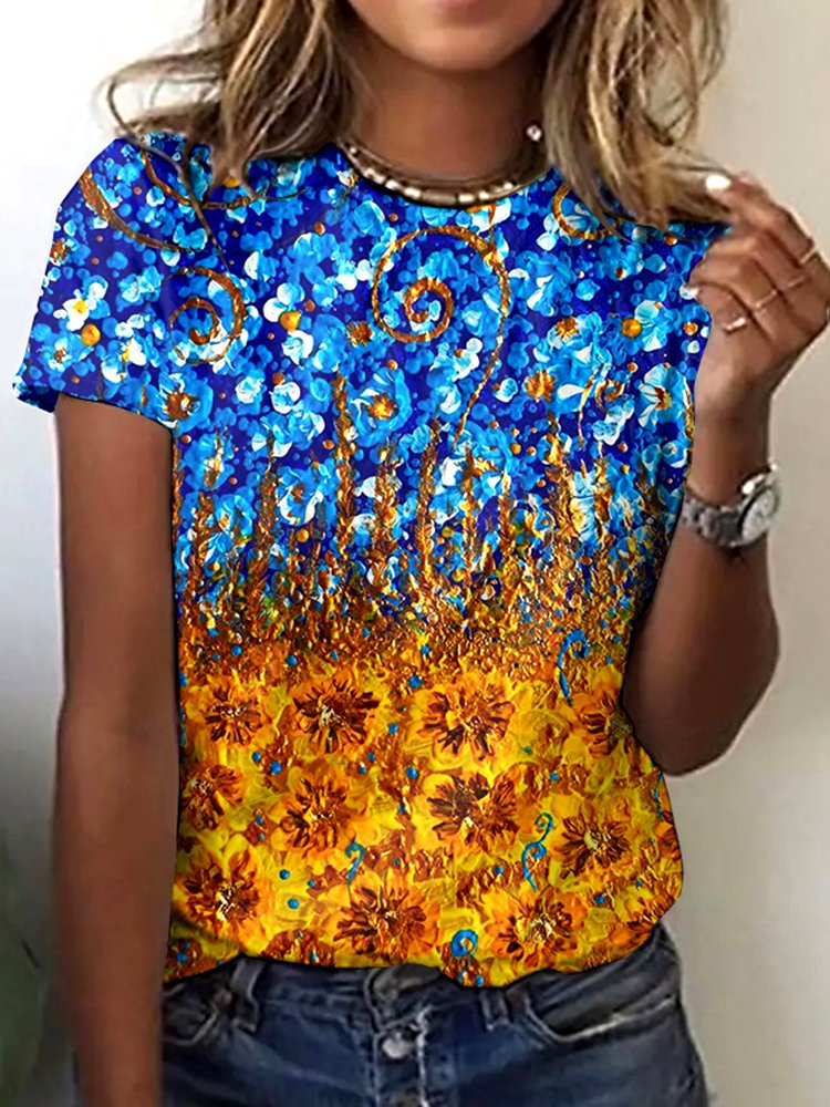 T-shirts Femmes Décontracté Floral Été Coton Micro-élasticité Quotidien Col Rond Régulier Régulier